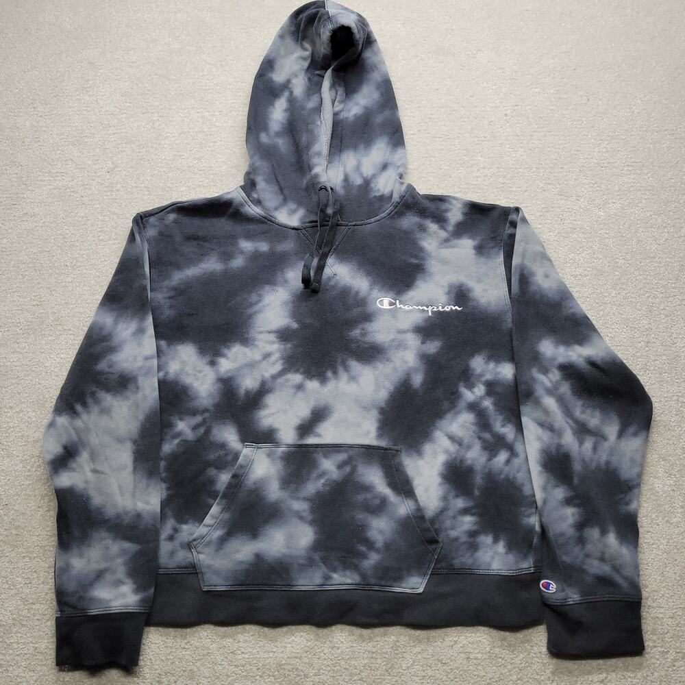Champion Mens XL Black Gray Tie Dye Pullover Hoodie Spellout Logo